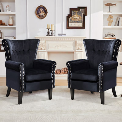 Tufted Wingback Accent Chairs With Classic Arms And Wooden Legs