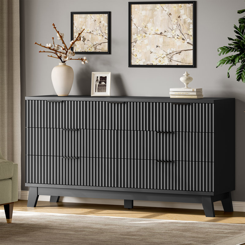 Commode cannelée à 57 tiroirs de 57 po de largeur, armoire de rangement très large Wave, commode à profil bas pour chambre à coucher, meuble télé pour salon