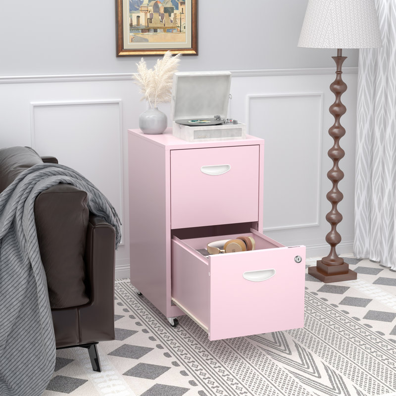 2 Drawer Rolling File Cabinet on Wheels, Pink Mobile Two Drawer Filing Cabinet with Lock, Small Files Cabinets for Under Desk, Metal Filing Cabinets for Letter Size Folders