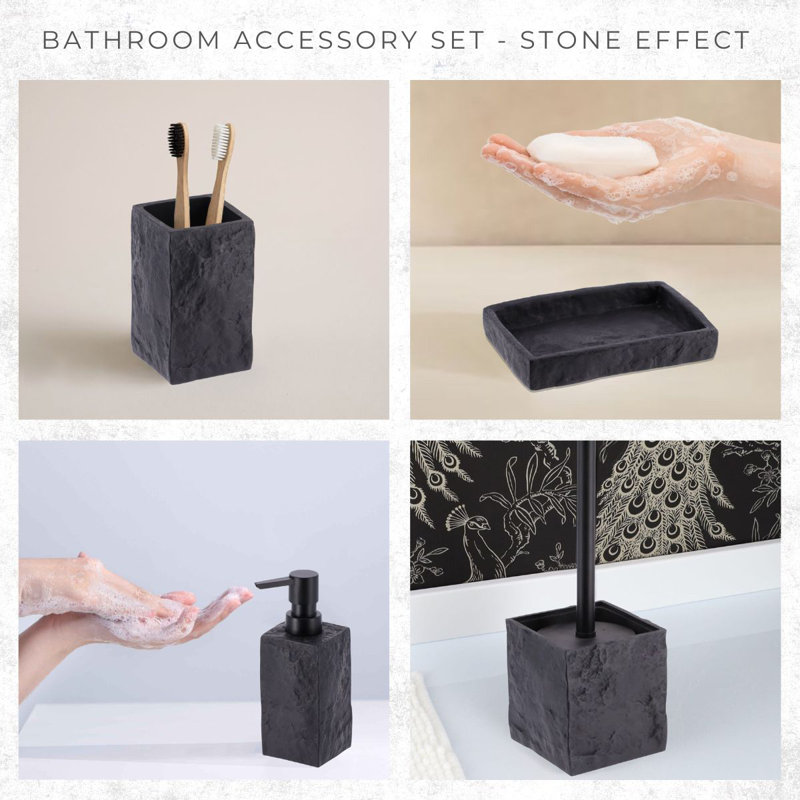 Black Stone Effect Polyresin Bathroom Accessory Set, 4 Pieces