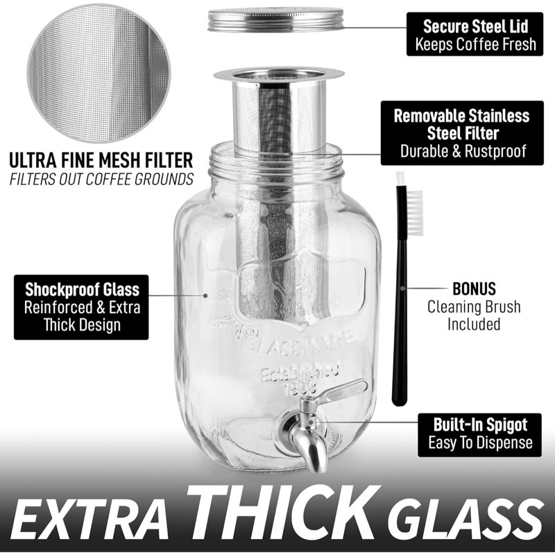 Zulay Kitchen 1 Gallon Glass Cold Brew Coffee Maker Stainless Steel Filter - Iced Coffee Maker, Cold Brew Pitcher & Tea Infuser