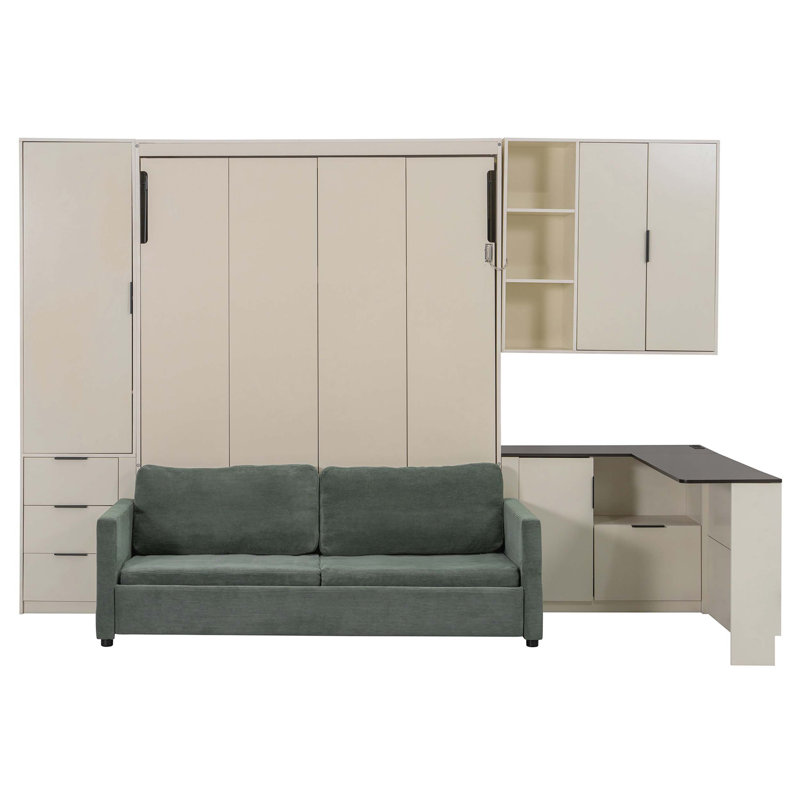 Grand lit escamotable mural avec rangement hydraulique, canapé, tablettes et tiroirs, éclairage DEL / USB, panneau beige, canapé vert