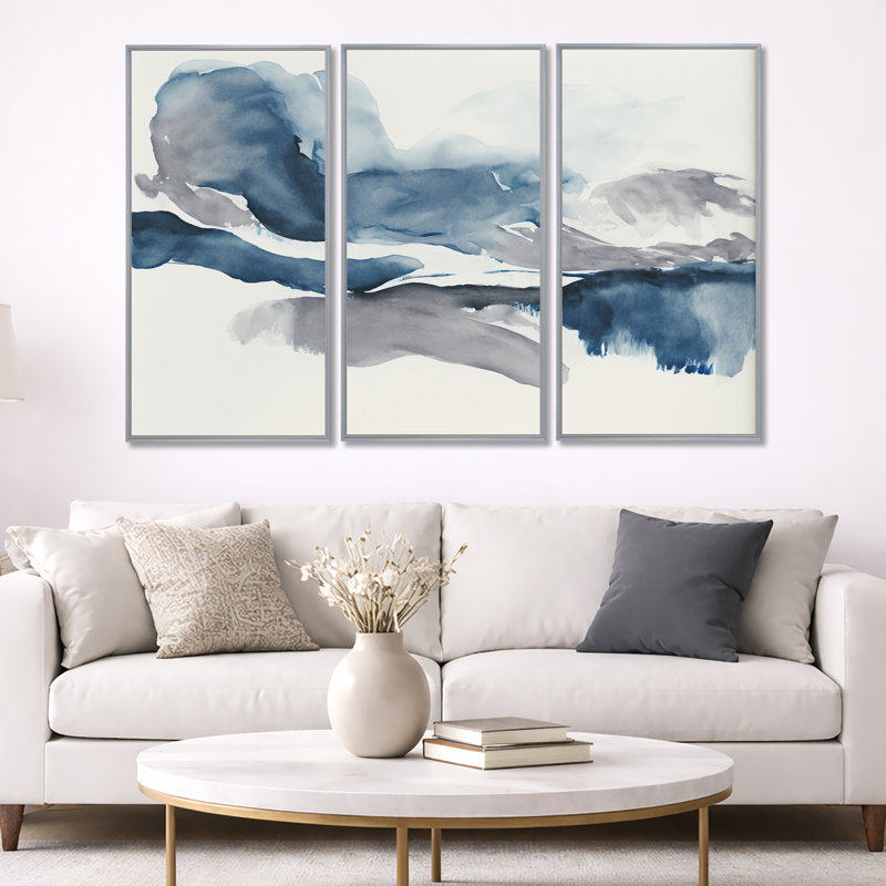 «Through The Sapphire Blue Clouds I», reproduction sur toile 3 pièces, Cadre argenté flottant, H 40 po x l 60 po