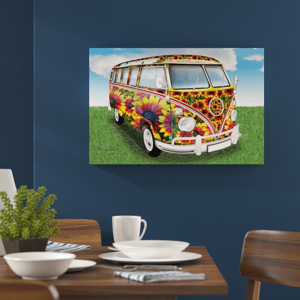 Leinwandbild „Kult 60´s Flower Power Hippie Bus", Grafikdruck