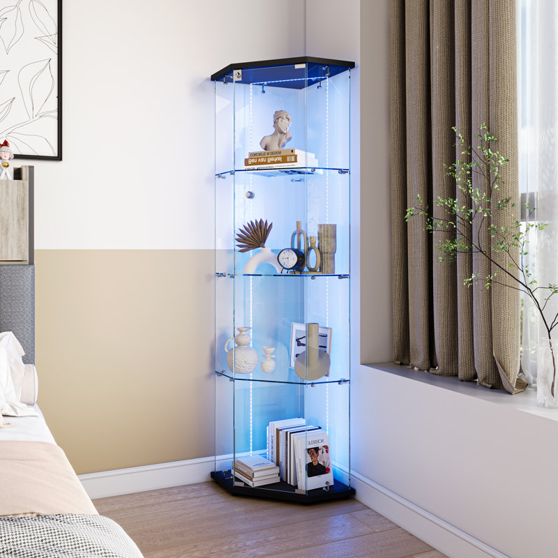 Corner Single Door 4-Tier Glass Display Cabinet With LED Lights, Black