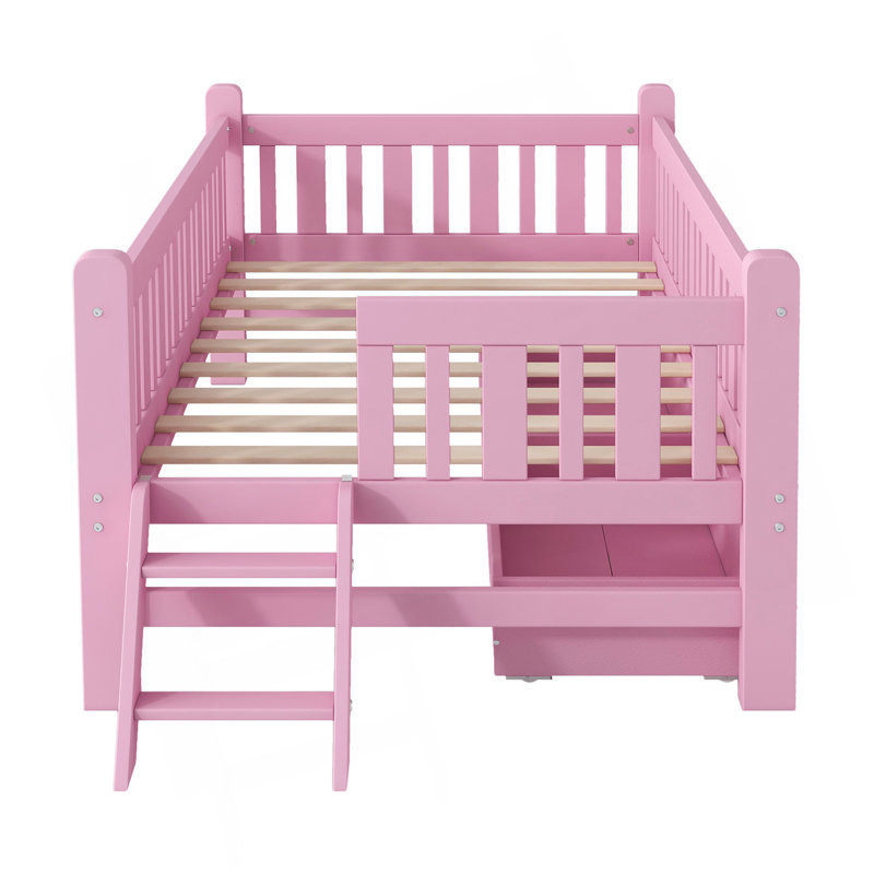 Wood Twin Size Platform Bed With Guardrail And 2 Drawers, Pink