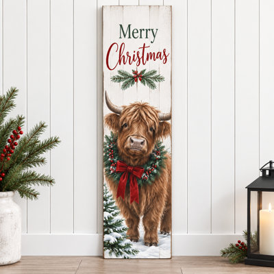 Highland Cow Christmas Porch Board Leaner Sign