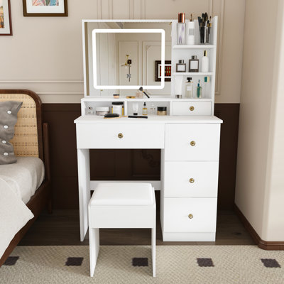 Coiffeuse tendance avec miroir et éclairage DEL à intensité variable (3 couleurs), équipée d'une tablette ouverte et de 4 tiroirs coulissants silencieux, idéale pour les chambres et les appartements, blanche.