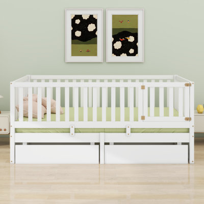 Wood Daybed With Fence Guardrails And Drawers