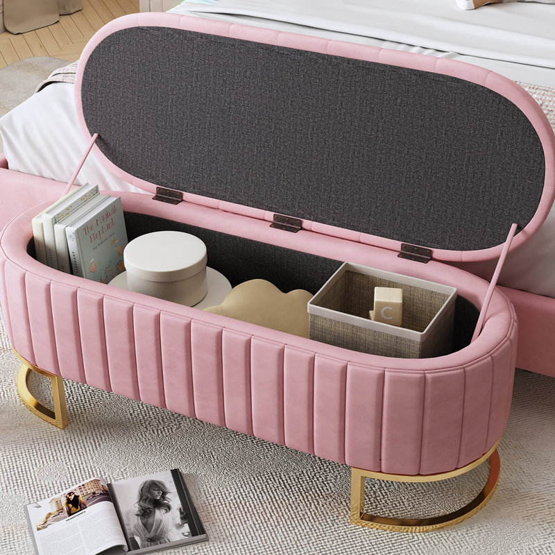 Banc de rangement rembourré avec pieds capitonnés en métal, Pink