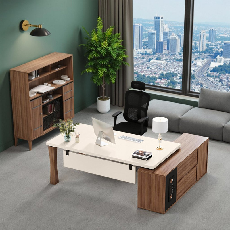 Bureau de direction en L 78,7 "avec cabinet de rangement - poste de travail blanc crème et noyer