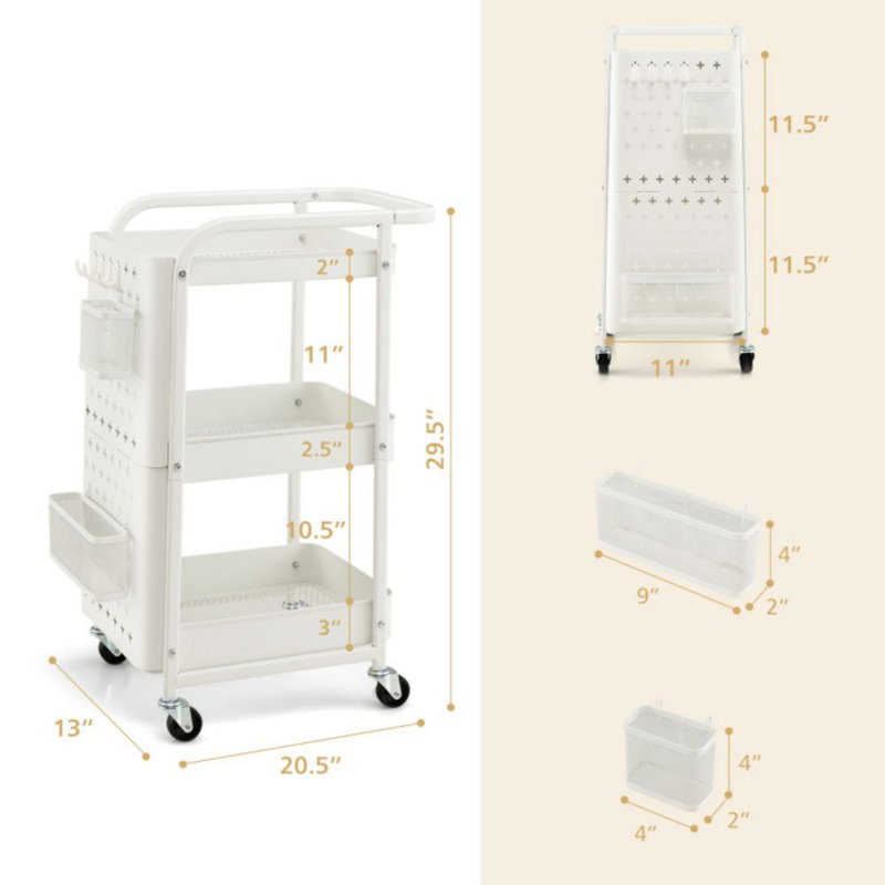 White Powder-Coated Carbon Steel 3-Tier Utility Storage Cart with Pegboard Baskets