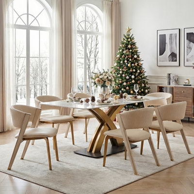 Apricot Beige Faux Leather Dining Chair with Wrap-Around Back and Gold Stainless Steel Legs