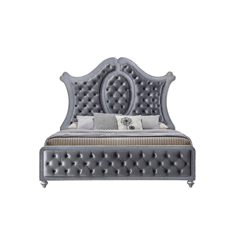 Tête de lit capitonnée 1pc avec revêtement luxueux et garniture cloutée à motif de losanges, Grand, Gris/argent