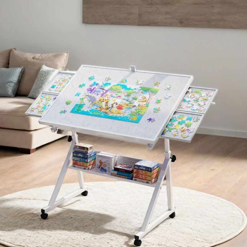 White Jigsaw Puzzle Table – Adjustable Height & Tilt, Felt Trays, Storage