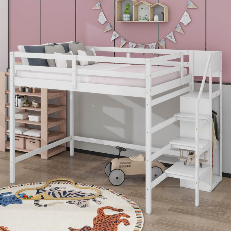 Jakema Full Size Loft Bed with Built-in Storage Wardrobe and Staircase, White