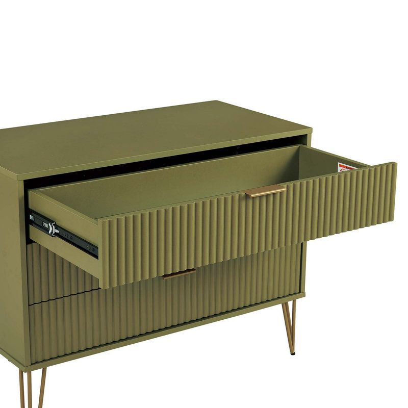 Dumbo 35" Fluted Dresser In Olive Green (3-Drawer), Olive Green/Gold