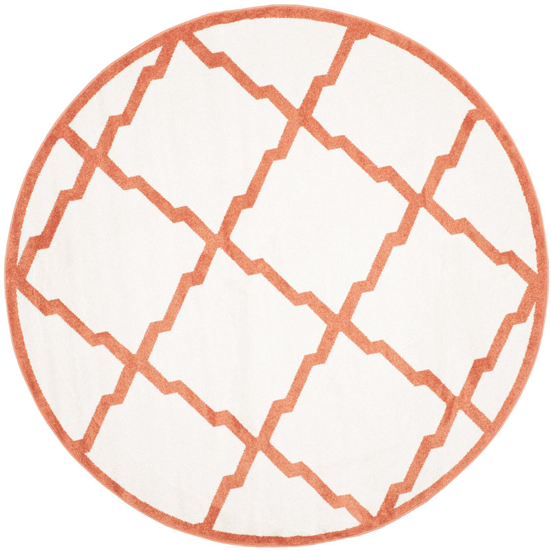Tapis intérieur / extérieur beige / orange à motif géométrique Ammundsen, Rond 7 pi