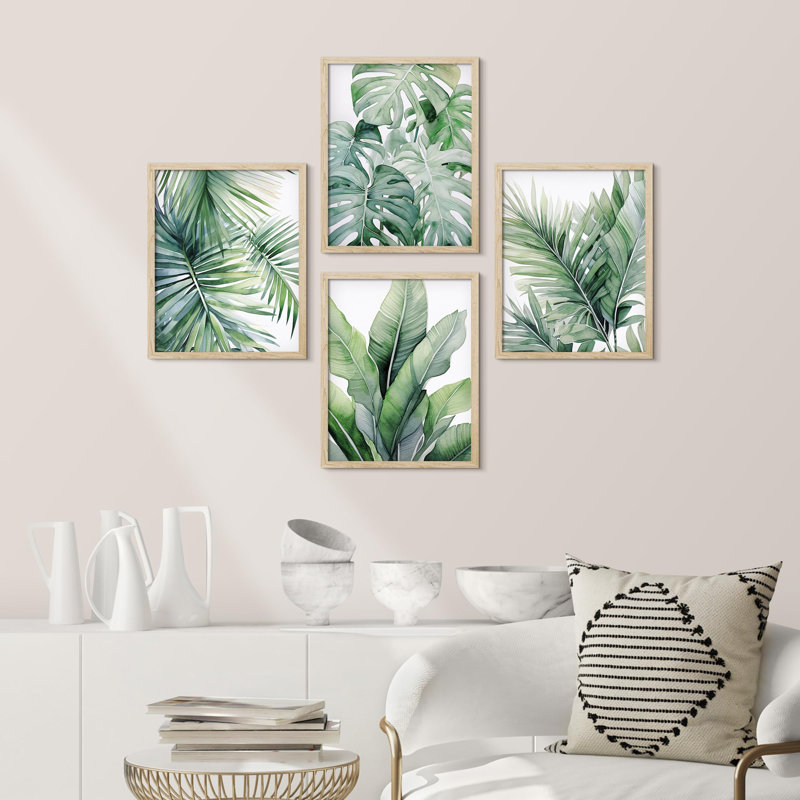 Plantes de la jungle tropicale, feuilles vertes, 4 pièces, Naturel, H 10 po x l 8 po