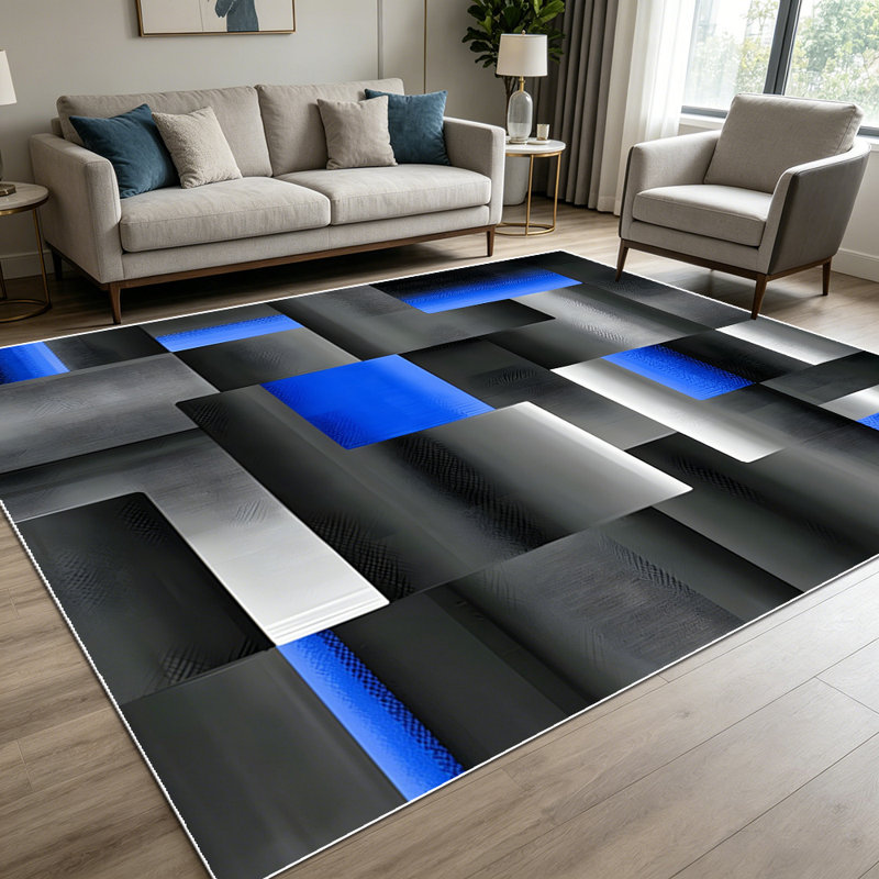 1PC Geometric Abstract Black Blue Silver 3D Block Modern area rugs for Living Room, Soft and Comfortable, Suitable for all seasons, easy-to-maintain, machine washable Indoor floor mat, Under Table Farmhouse suitable for dining table area, bedroom