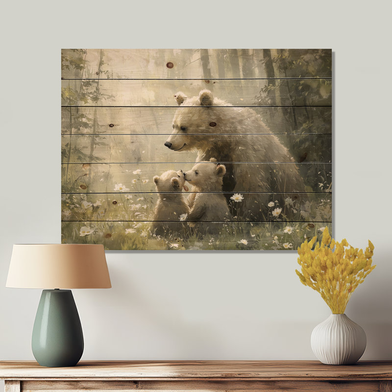 Mère ours avec des petits en hiver I - Reproduction en bois d'ours - sur bois de pin naturel, H 30 po x l 40 po x P 0,78 po