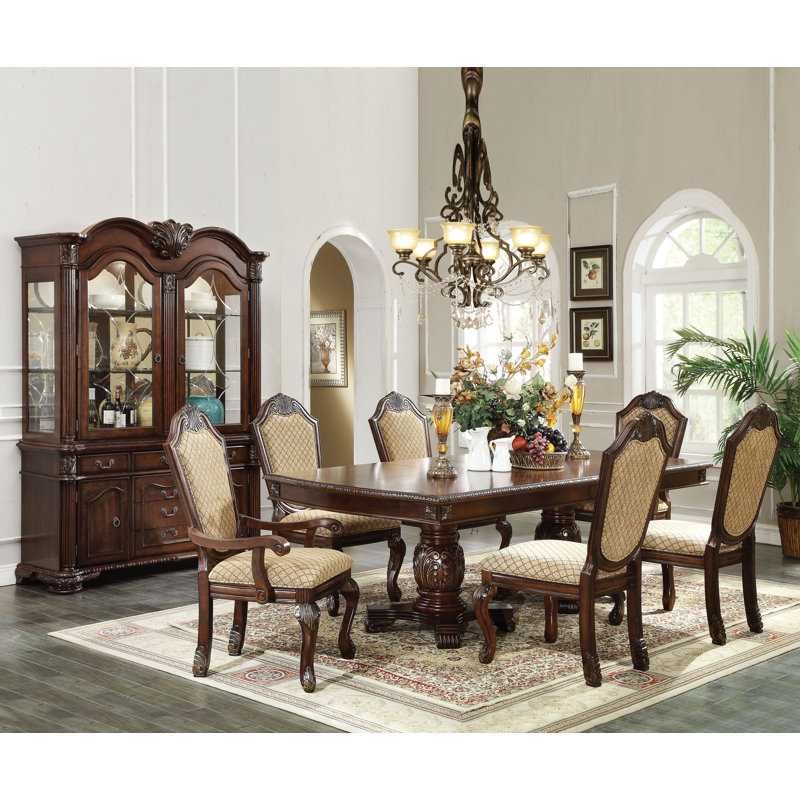 Formal Dining Table Set Kitchen Furniture Set, Brown, 7 Pieces: Table, 4 Side Chairs, 2 Arm Chairs
