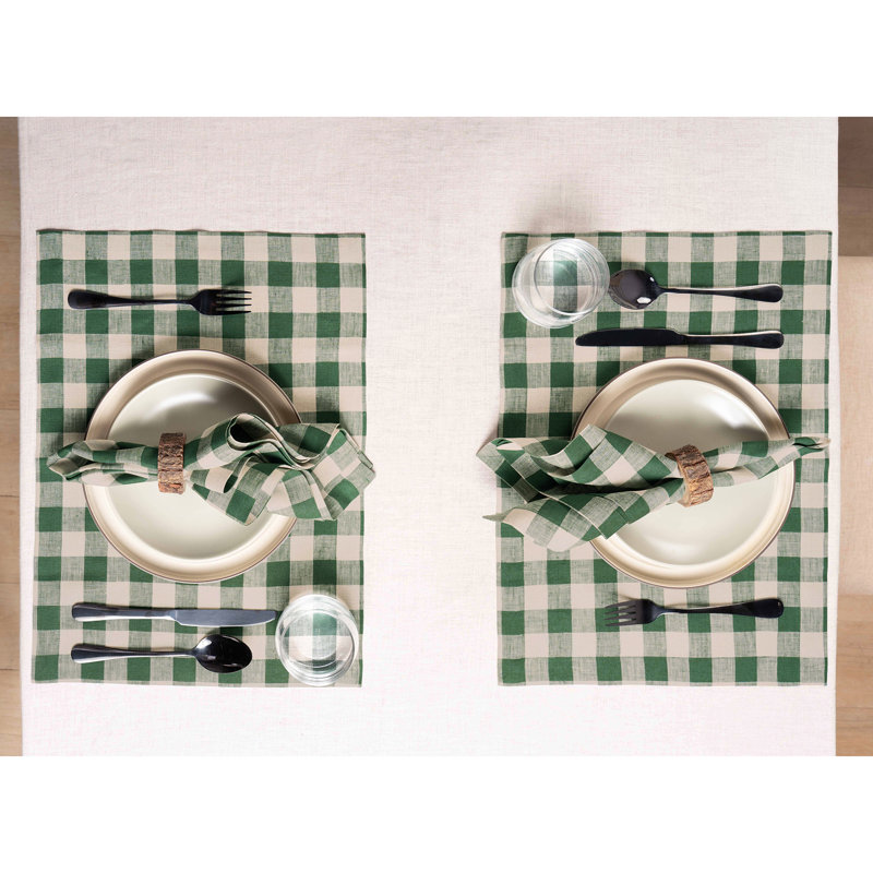 Green and Natural Check Linen Dinner Napkins Set of 4