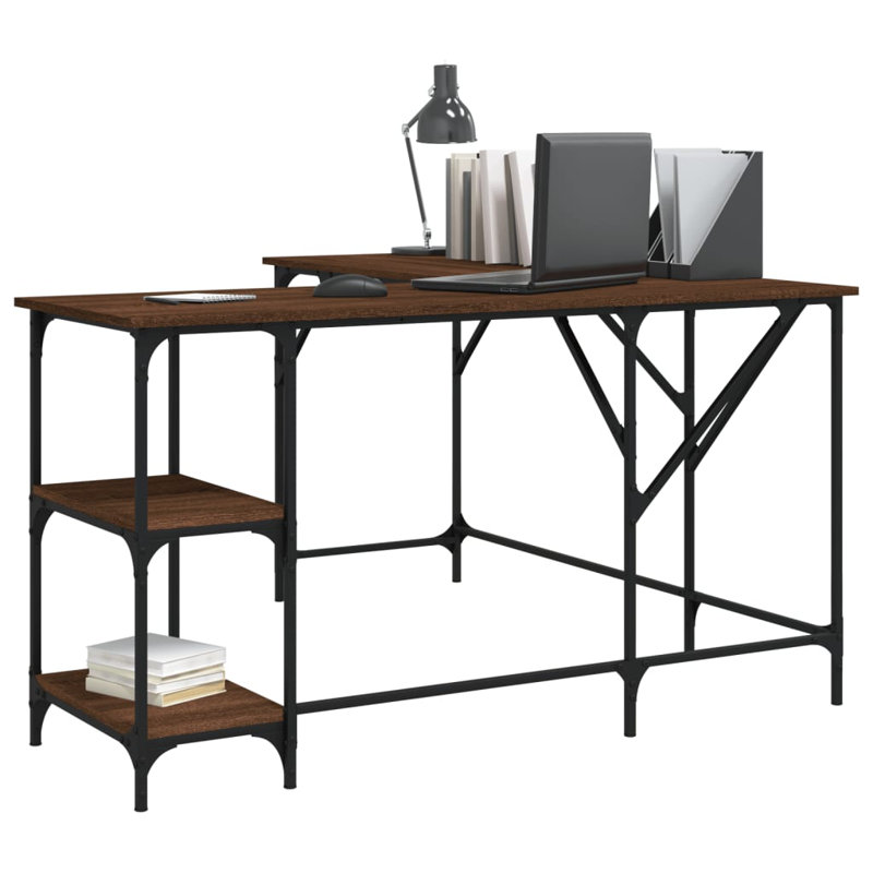 Aadvika L-Shaped Metal Base Writing Desk, Brown Oak