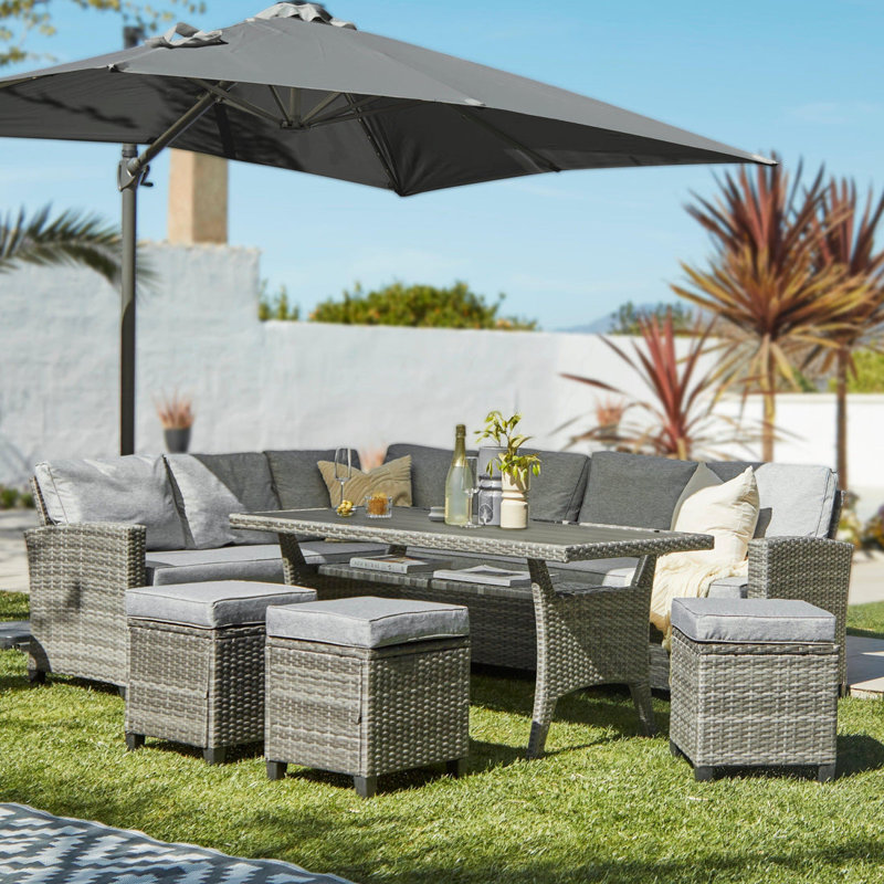 Allena 9 - Person Garden Lounge Set with Cushions & Parasol, Grey, Grey 