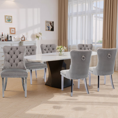 Velvet Dining Chairs Set Of 6, Upholstered High-End Tufted Dining Room Chair With Nailhead Back Ring Pull Trim Metal Legs, Contemporary Nikki Collecti by Rosdorf Park