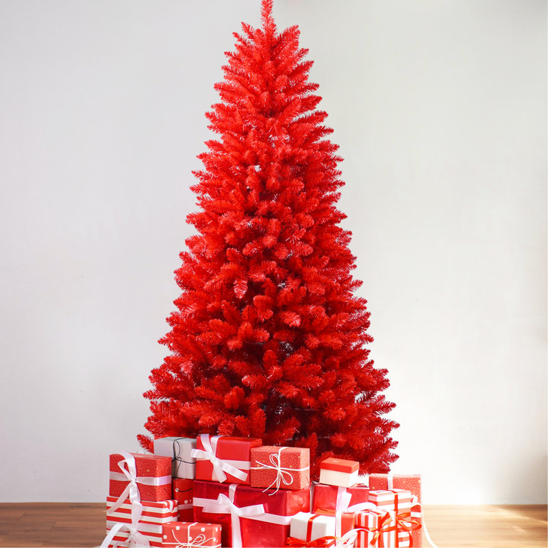 Arbre de Noël rouge 6 pi - Arbre en PVC rouge pur avec 804 pointes, branches articulées pour une installation facile, support en métal stable, décoration audacieuse des Fêtes