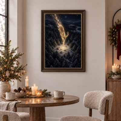 Toile de Noël brillante avec cerf étoilé sautant sur un pin enneigé