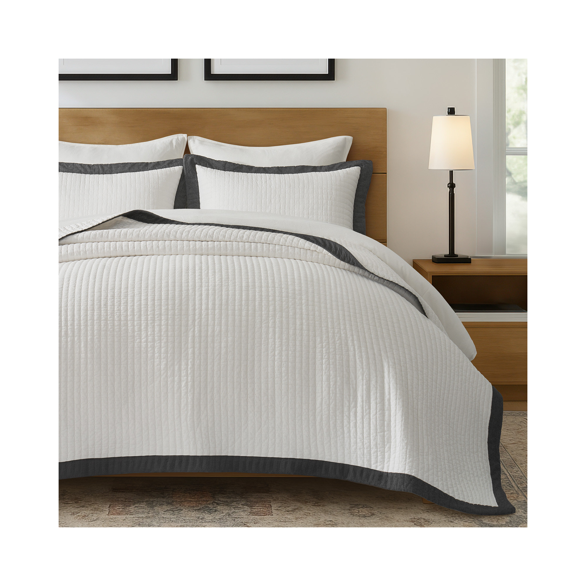 Border Frame Cotton Pick-Stitch Channel Quilt, Queen Quilt + 2 Queen Shams, Washed Black