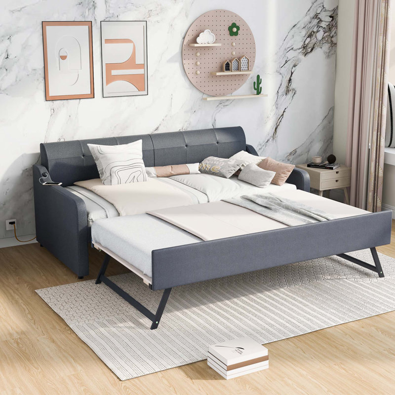 Twin Size Upholstery Daybed With Trundle And USB Charging Design,Trundle Can Be Flat Or Erected, Gray