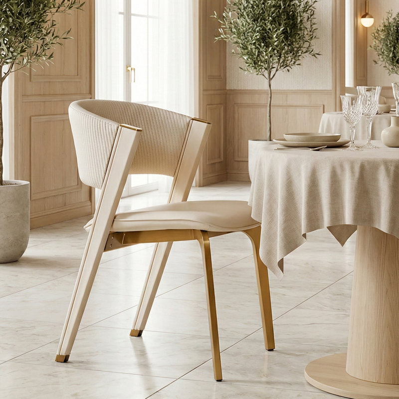 Modern Dining Chairs Set Of 2, White Upholstered Armless Faux Leather Kitchen Chair With White and Gold Metal Legs For Dining Room, Living Room