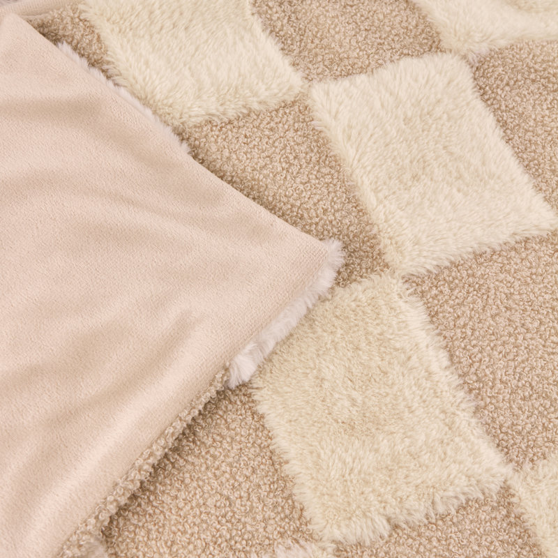 Fur Boucle Check Chequered Knitted Blanket, Beige Chequered