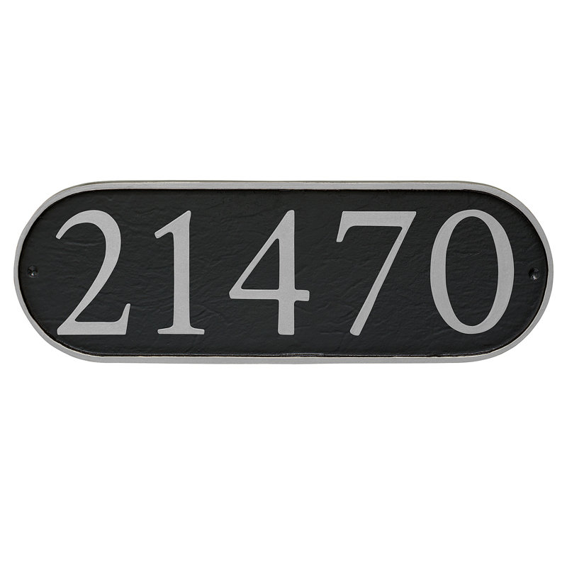 Plaque d’adresse murale 1 ligne allongée serif, Noir / argent, Oui