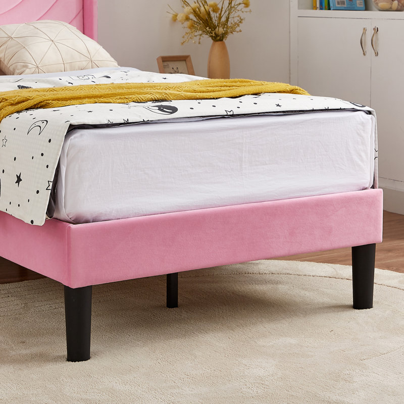 Rehnuma Twin Bed Upholstered Platform with Headboard and Strong Wooden Slats, Pink