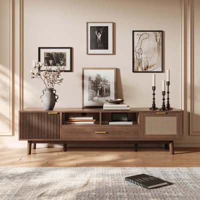 Fashionable Wood TV Stand for Large TVs with Soft-Closing and Drop-Down Cabinets, Ideal for Modern Living and Entertainment Spaces