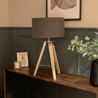 Plamond Light Wood Tripod Table Lamp with Cream Boucle Reni Shade and 6W LED GLS Bulb