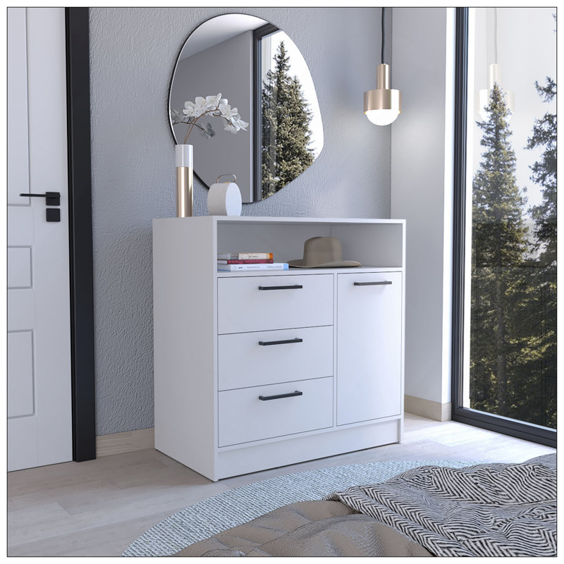 Commode compacte Omaha avec 3 tiroirs et une armoire, Blanc