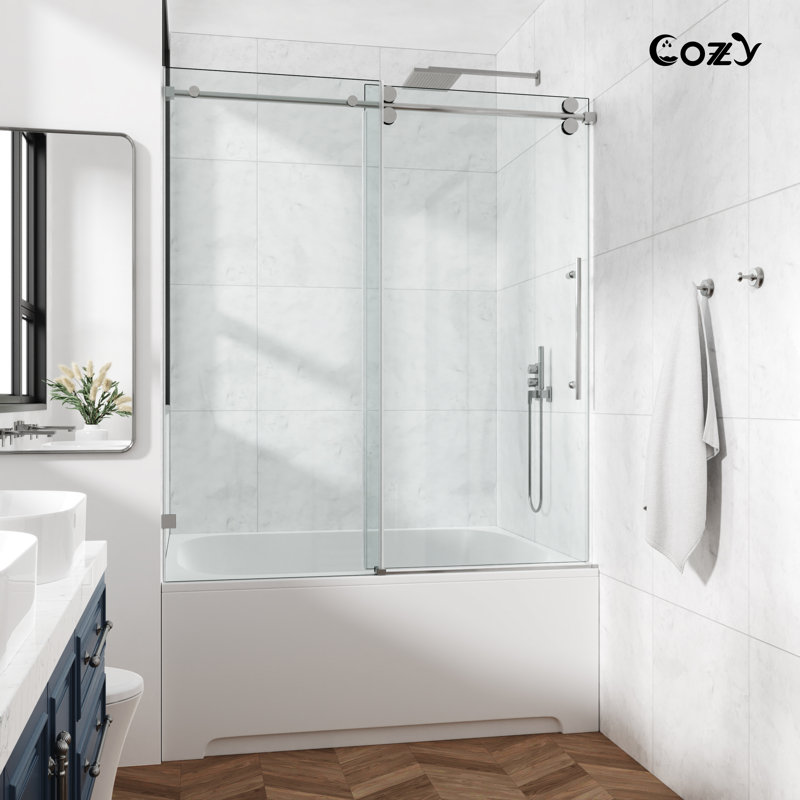 56-61" W x 66" H Single Sliding Frameless Tub Door wwith 3/8" (10mm) Clear Tempered Glass, Shatter-Resistant Film & Installation Hole Locator - Round Top Rail