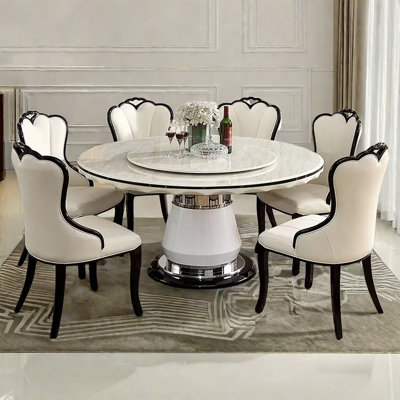 Simple White Faux Marble Round Dining Table Set by ALLNICEDT