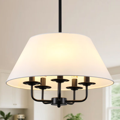 Lustre de style campagnard à 5 lumières à intensité variable de style bougie avec abat-jour en tissu pour salle à manger et îlot de cuisine