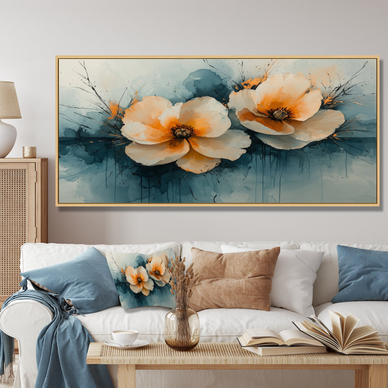 Abstrait aquarelle de pivoines dans la brise I - pivoines, impressions sur toile, Black, 28" H x 60" W, Floater Framed