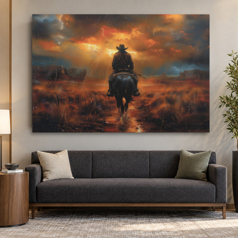 Reproduction d'art sur toile Lone Cowboy Riding His Horse Under Rain, Modern Wall Art for Home & Office, Reproduction d'art