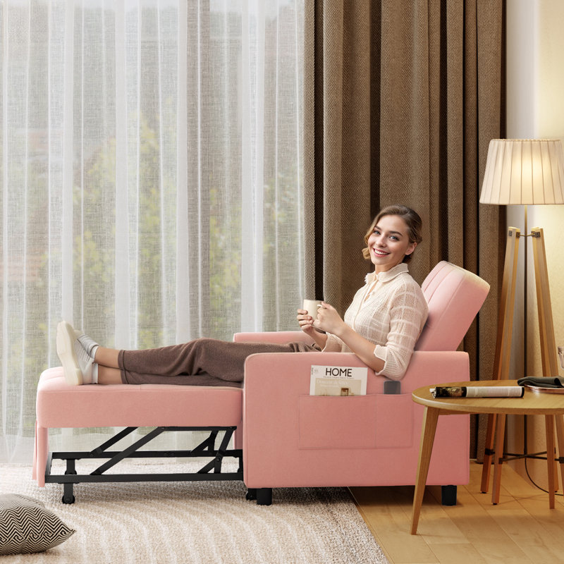 Pink Linen Blend Convertible Accent Recliner Chair with Pillow