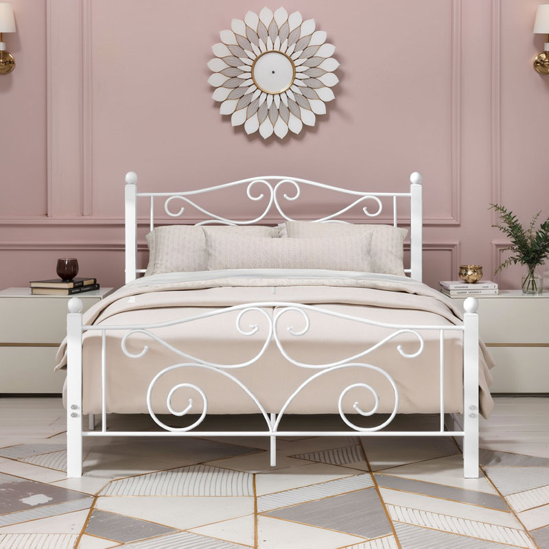 Full Size Bed Frame, Metal Platform Bed with Parisian Style Headboard and Footboard, Heavy-duty Slats Support, Under Bed Storage, No Box Spring Needed