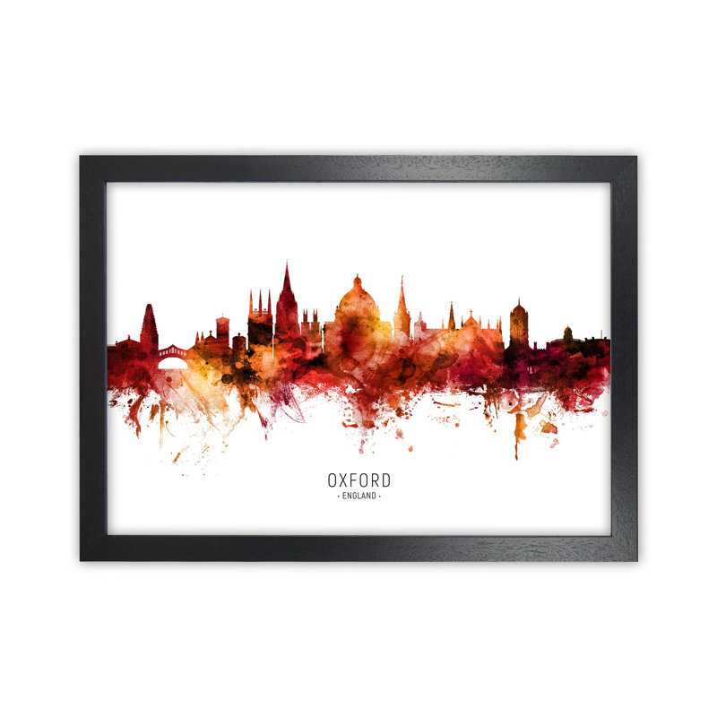 Oxford England Skyline Red City Name by Michael Tompsett - Print, 64cm H x 88cm W x 3cm D, Black Framed
