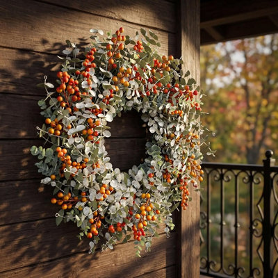 Fall Eucalyptus Boxwood Wreath with Orange Berries, Autumn Harvest Wreath for Front Door, Farmhouse Thanksgiving Décor for Porch, Wall, Indoor Outdoor Home Decoration